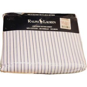 NOS Ralph Lauren Westland Multi Striped Blue & White T200 King Fitted Sheet